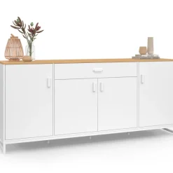 Buffet 180 cm 4 portes et 1 tiroir bois et blanc