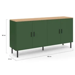 Buffet 160 cm 4 portes vert kaki et plateau bois