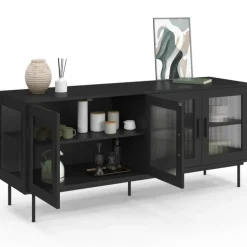 Buffet 140 cm 4 portes vitrées noir façade cannelée