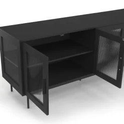 Buffet 140 cm 4 portes vitrées noir façade cannelée