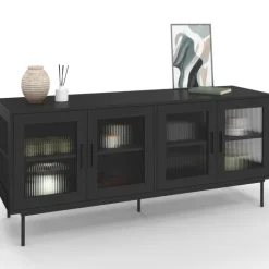 Buffet 140 cm 4 portes vitrées noir façade cannelée
