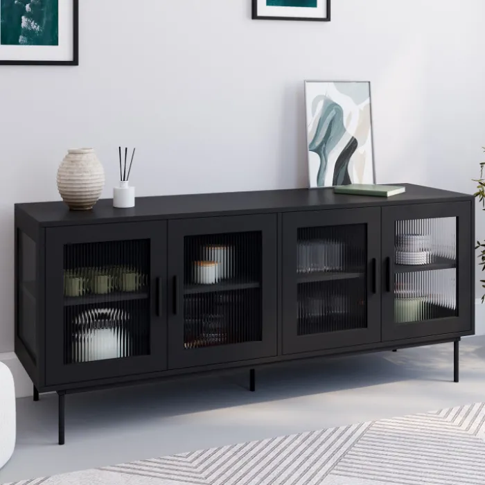 Buffet 140 cm 4 portes vitrées noir façade cannelée