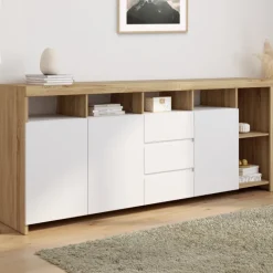 Buffet 180 cm bois façon hêtre 3 portes et 3 tiroirs blancs
