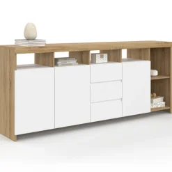 Buffet 180 cm bois façon hêtre 3 portes et 3 tiroirs blancs