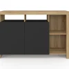 Buffet 110 cm en bois façon hêtre avec portes noires et 4 compartiments ouverts