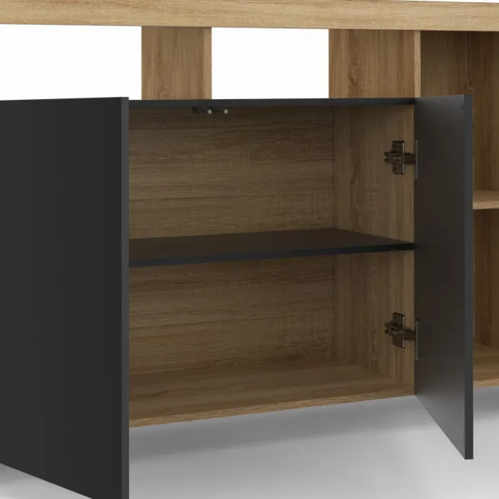 Buffet 110 cm en bois façon hêtre avec portes noires et 4 compartiments ouverts