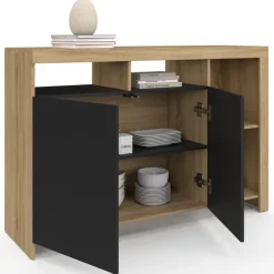 Buffet 110 cm en bois façon hêtre avec portes noires et 4 compartiments ouverts