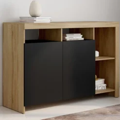 Buffet 110 cm en bois façon hêtre avec portes noires et 4 compartiments ouverts