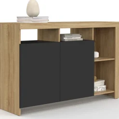 Buffet 110 cm en bois façon hêtre avec portes noires et 4 compartiments ouverts