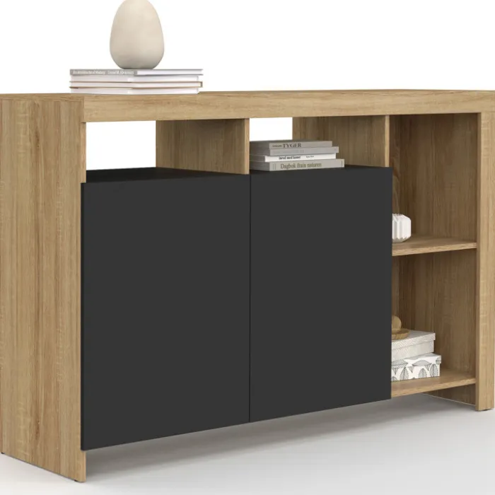 Buffet 110 cm en bois façon hêtre avec portes noires et 4 compartiments ouverts