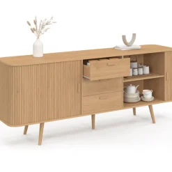 Buffet 200 cm ROMIE XXL effet lattes 2 portes coulissantes et 3 tiroirs