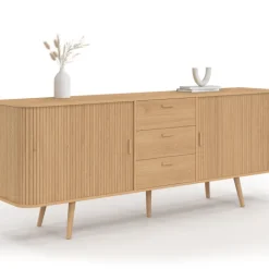 Buffet 200 cm ROMIE XXL effet lattes 2 portes coulissantes et 3 tiroirs