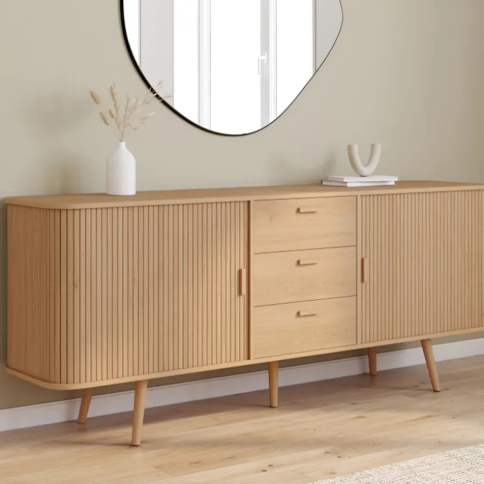 Buffet 200 cm ROMIE XXL effet lattes 2 portes coulissantes et 3 tiroirs