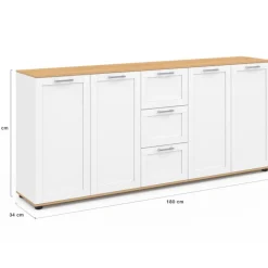 Buffet 180 cm XXL 4 portes avec 3 tiroirs bois et blanc