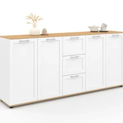 Buffet 180 cm XXL 4 portes avec 3 tiroirs bois et blanc