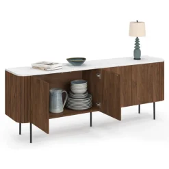Buffet bas 160 cm 4 portes effet noyer et lattes et plateau marbre blanc