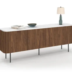 Buffet bas 160 cm 4 portes effet noyer et lattes et plateau marbre blanc