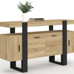 Buffet bas 140 cm bois imitation hêtre et noir 4 portes