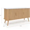 Buffet bas 110 cm plateau effet marbre 3 portes lattes tasseau bois coloris chêne