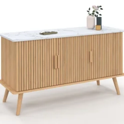 Buffet bas 110 cm plateau effet marbre 3 portes lattes tasseau bois coloris chêne