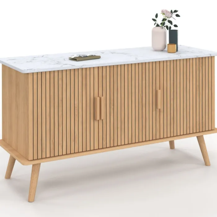 Buffet bas 110 cm plateau effet marbre 3 portes lattes tasseau bois coloris chêne