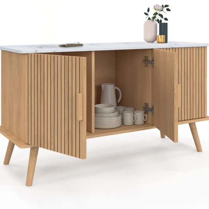 Buffet bas 110 cm plateau effet marbre 3 portes lattes tasseau bois coloris chêne