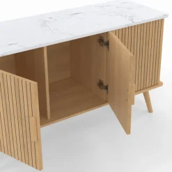 Buffet bas 110 cm plateau effet marbre 3 portes lattes tasseau bois coloris chêne