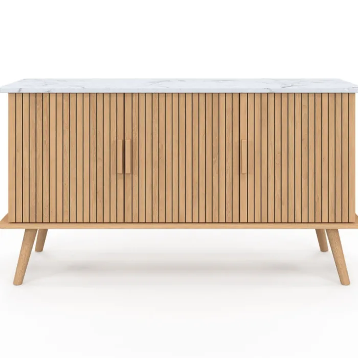 Buffet bas 110 cm plateau effet marbre 3 portes lattes tasseau bois coloris chêne