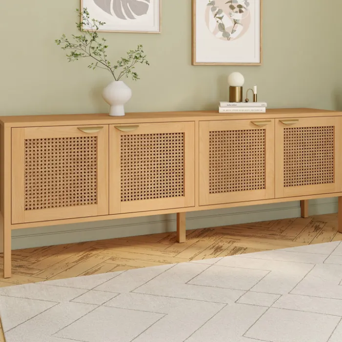 Buffet bas 4 portes bois et cannage 160 cm