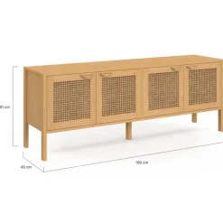 Buffet bas 4 portes bois et cannage 160 cm