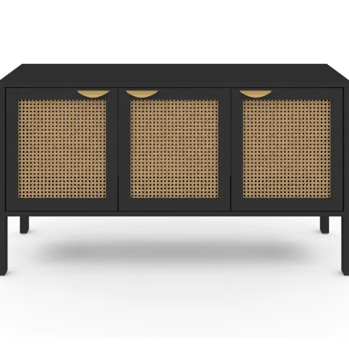 Buffet bas 3 portes bois noir et cannage 110 cm