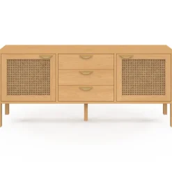 Buffet bas bois et cannage 140 cm avec 2 portes et 3 tiroirs