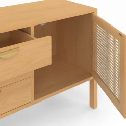 Buffet bas bois et cannage 140 cm avec 2 portes et 3 tiroirs