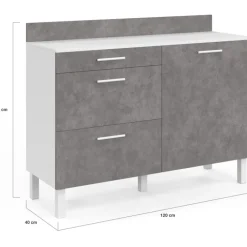 Buffet bas casserolier de cuisine 120 cm plan de travail H.83 cm 1 porte + 3 tiroirs blanc et effet béton