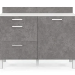 Buffet bas casserolier de cuisine 120 cm plan de travail H.83 cm 1 porte + 3 tiroirs blanc et effet béton