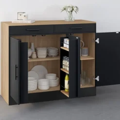 Buffet bas de cuisine 110 cm avec rangements façon hêtre et noir