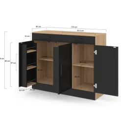 Buffet bas de cuisine 110 cm avec rangements façon hêtre et noir