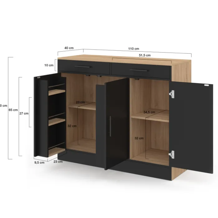 Buffet bas de cuisine 110 cm avec rangements façon hêtre et noir