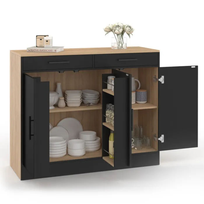 Buffet bas de cuisine 110 cm avec rangements façon hêtre et noir