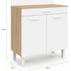 Buffet bas de cuisine 80 cm plan de travail H.83 cm 2 portes + tiroir façon hêtre et blanc