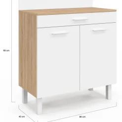 Buffet bas de cuisine 80 cm plan de travail H.83 cm 2 portes + tiroir façon hêtre et blanc