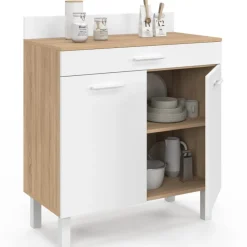 Buffet bas de cuisine 80 cm plan de travail H.83 cm 2 portes + tiroir façon hêtre et blanc