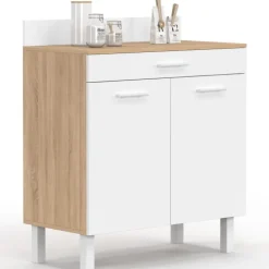 Buffet bas de cuisine 80 cm plan de travail H.83 cm 2 portes + tiroir façon hêtre et blanc