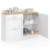Buffet bas de cuisine 120 cm casserolier plan de travail H.83 cm 1 porte + 3 tiroirs blanc et plateau façon hêtre