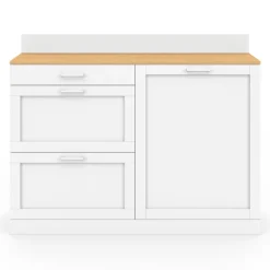 Buffet bas de cuisine 120 cm casserolier plan de travail H.83 cm 1 porte + 3 tiroirs blanc et plateau façon hêtre