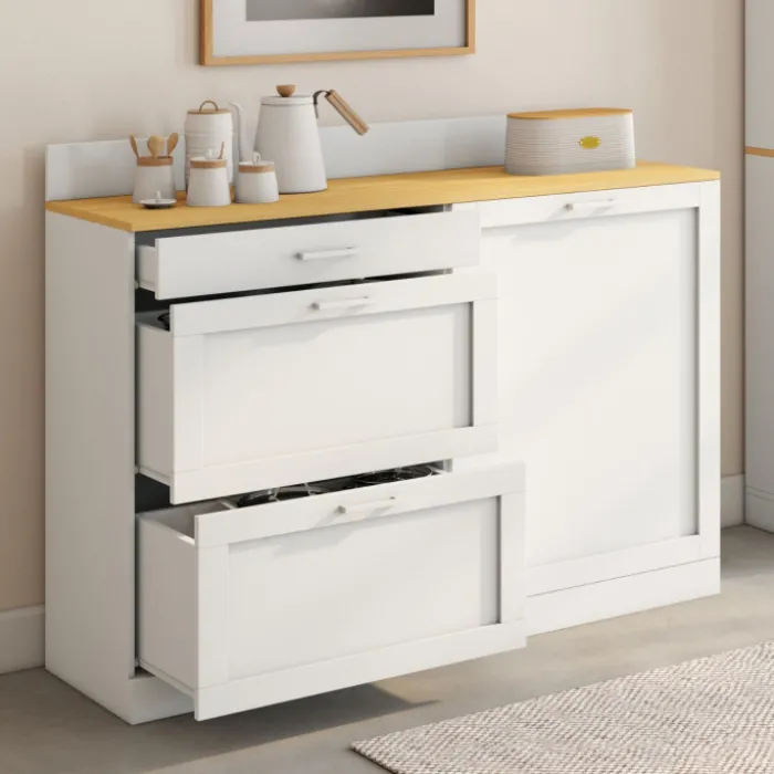 Buffet bas de cuisine 120 cm casserolier plan de travail H.83 cm 1 porte + 3 tiroirs blanc et plateau façon hêtre