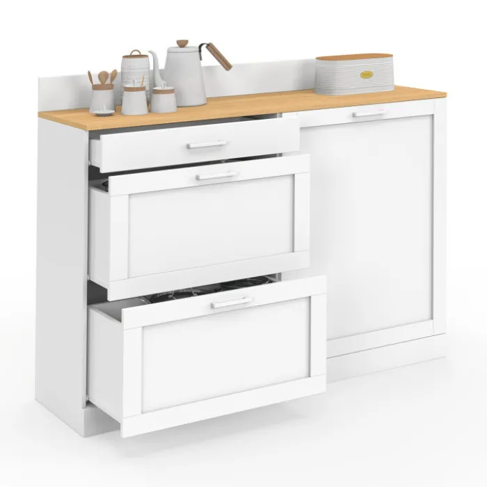 Buffet bas de cuisine 120 cm casserolier plan de travail H.83 cm 1 porte + 3 tiroirs blanc et plateau façon hêtre