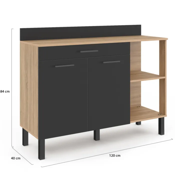 Buffet bas de cuisine bois façon hêtre 120 cm 2 portes + tiroir noir