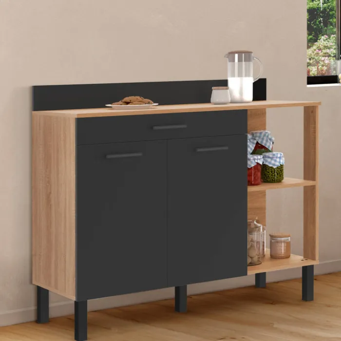 Buffet bas de cuisine bois façon hêtre 120 cm 2 portes + tiroir noir