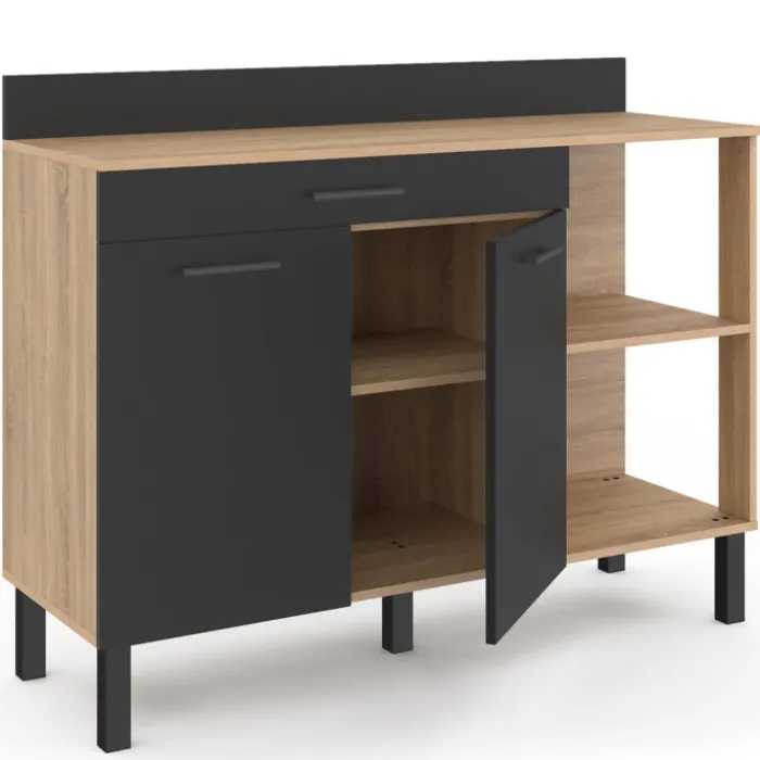 Buffet bas de cuisine bois façon hêtre 120 cm 2 portes + tiroir noir